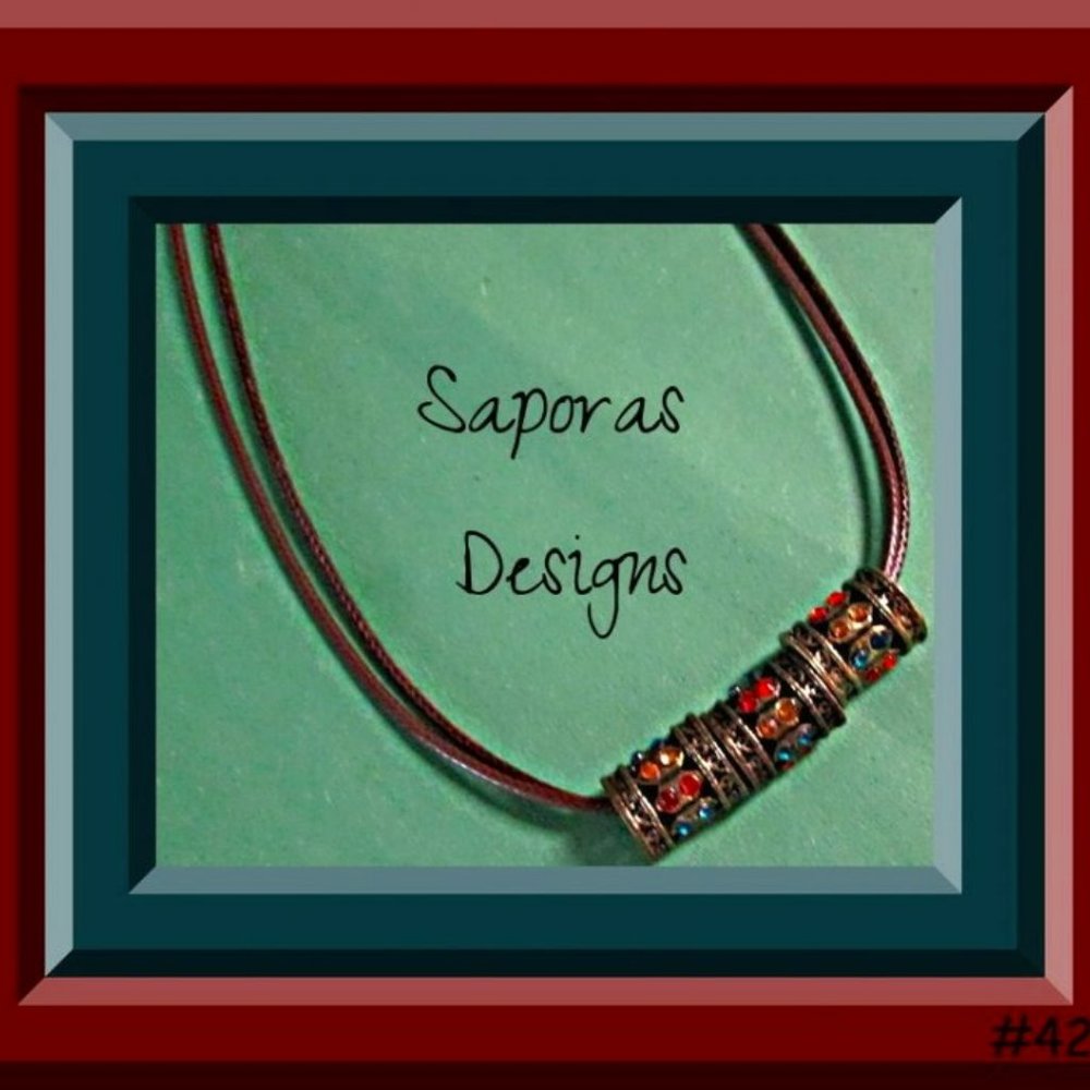 Antique Bronze In Color Necklace With Colorful Rhinestones & Brown Leather Chain